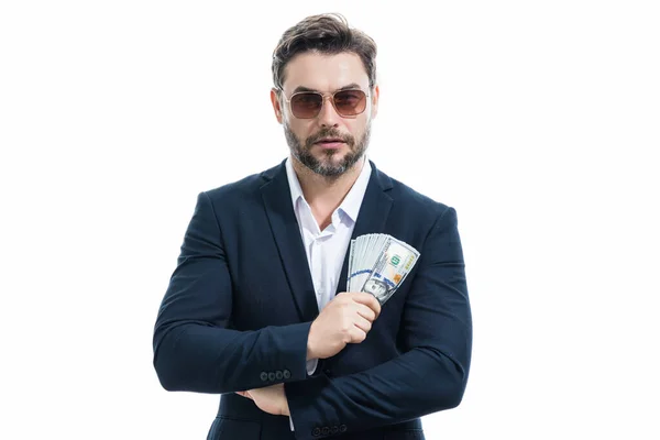 Successful Business Man Counting Money Handsome Middle Age Man Holding — Stock Photo, Image