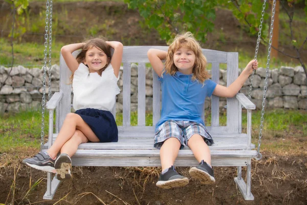 かわいい子供たちが屋外で遊んでいる 夏の公園で庭の木製のスイングで揺れる2人の幸せな若い子供の肖像画 — ストック写真