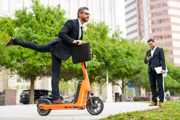 Funny Business Man Suit Riding Electric Scooter Business Meeting Crazy — Stock Photo, Image