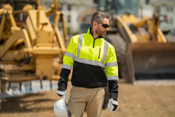 Trabalhador Com Bulldozer Construção Local Escavadora Homens Trabalhador Motorista Construção — Fotografia de Stock