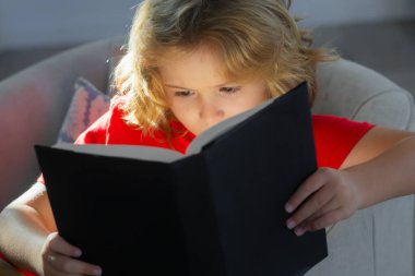 İlginç bir çocuk kitabı hikayesi. Heyecan verici bir kitap hikayesi. Evde kitap okuyan bir çocuk. Küçük çocuk oturma odasında kanepede oturmuş masal kitabı okuyor. Çocuk ilkokul için ödev yapıyor.
