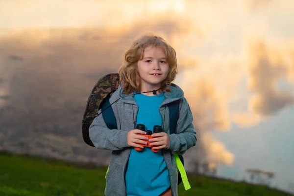 Child Binoculars Travelling Outdoors Boy Traveler Backpack Summer Day Portrait — Stock Photo, Image