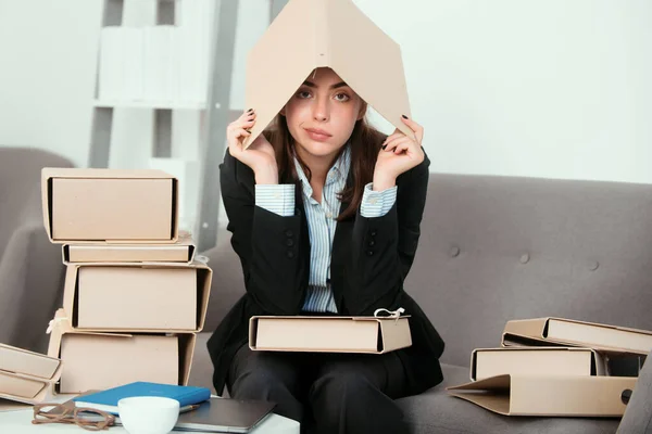 Sad Busy Secretary Many Folders Documents Stressed Overworked Business Woman — Stock Photo, Image