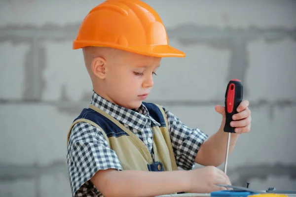 Child Play Supplies Tools Saw Hammer Screwdriver Helmet Builder Carpenter — Stock Photo, Image