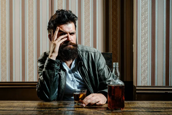 Bearded Brutal Hipster Man Drinking Expensive Cognac Serious Problems Alcohol — Stock Photo, Image