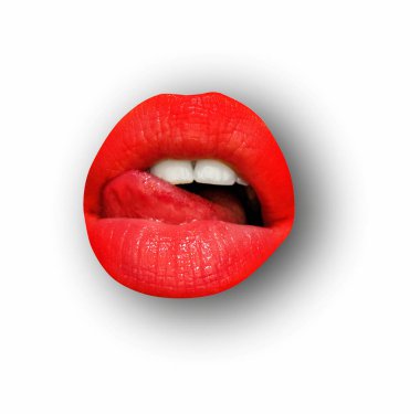 Lips on white isolated background, clipping path. Mouth with red lip, close up clipart