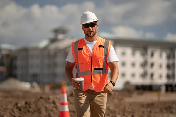Trabalhador Construção Uniformes Edifícios Fundo Construção Construtor Canteiro Obras Homem — Fotografia de Stock
