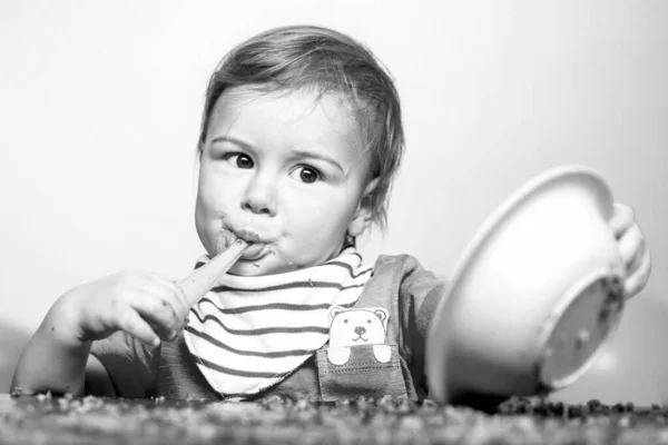 Beautiful Baby Eating Happy Baby Eating Himself Spoon — Stock Photo, Image