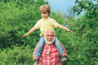 Yaşlı ve genç. Aile üretimi ve ilişkiler konsepti. Sakallı Büyükbaba ve torunu güneşli bir gün ile oynuyor. Büyükbaba ve torunu açık zevk