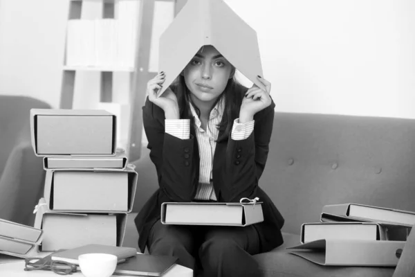 Sad Busy Secretary Many Folders Documents Stressed Overworked Business Woman — Stock Photo, Image