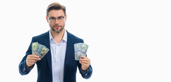 Facet Trzymający Gotówkę Banknotach Białym Banerze Portret Biznesmena Banknotami Dolarowymi — Zdjęcie stockowe