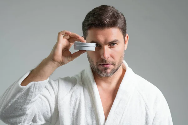 Beauty Man Applying Cream Skin Face Handsome Serious Man Enjoy — Stock Photo, Image