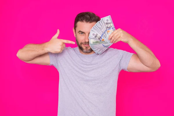 Muž Penězi 100 Dolarů Bankovka Růžové — Stock fotografie