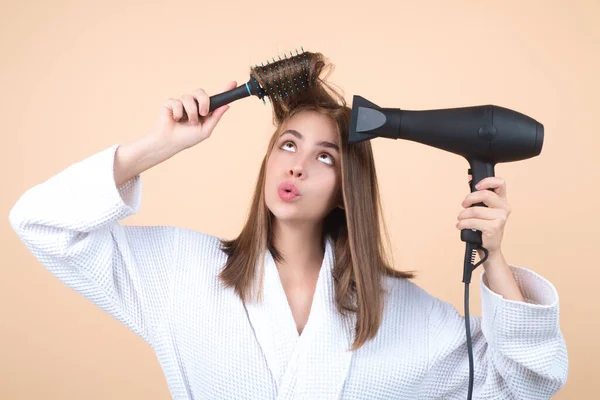 Woman Bathrobe Combing Hair Drying Hair Hairdryer Portrait Female Model —  Fotos de Stock