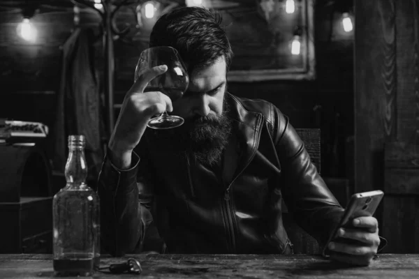 Drinking Party Concept Man Drinks Brandy Whiskey Bearded Man Wearing — Stock Photo, Image