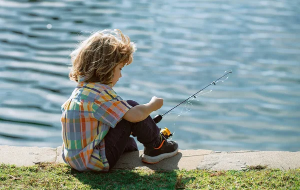 Kids Fisher Child Fishing Lake Boy Spinner River Portrait Excited — Stock Photo, Image