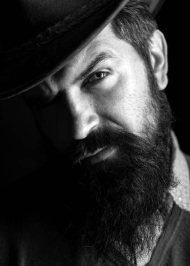 Deri şapkalı kovboy portresi. Amerikan kovboy filmi. Vahşi Batı Rodeosu