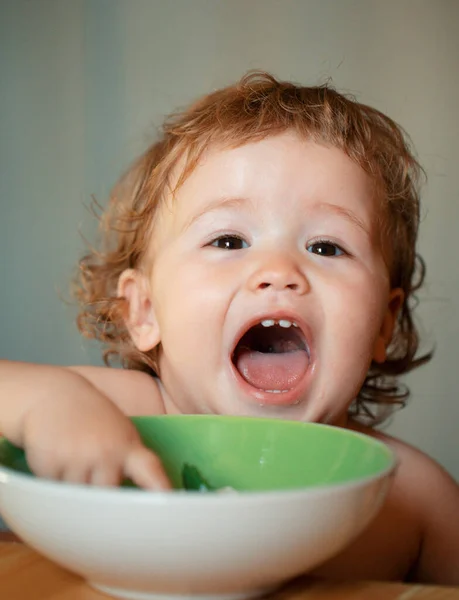 Portrait Cute Caucasian Child Kid Spoon Hungry Messy Baby Plate — Stock Photo, Image