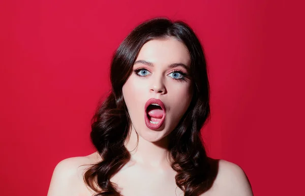 Surprised Woman Portrait Girl Open Mouth People Emotions Reactions Feelings — Stock Photo, Image