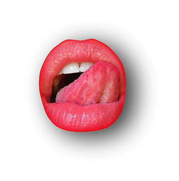 Сексуальний Язик Лиже Чуттєві Губи Жіночі Губи Білому Ізольованому Фоні — стокове фото