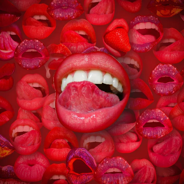 官能的な唇を持つ作品 要約赤のセクシーな唇 唇と口 赤い背景の女性の唇 — ストック写真