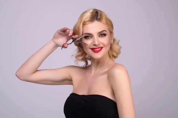 Beauty Young Woman Cutting Hair Scissors Isolated Studio Background Beautiful — Fotografia de Stock