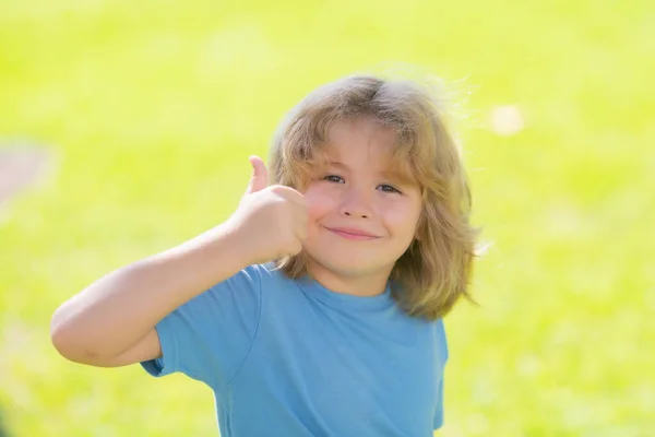 Zamknij Portret Śmiesznych Dzieciaków Podniesionym Kciukiem Portret Dziecka Wiosennym Parku — Zdjęcie stockowe