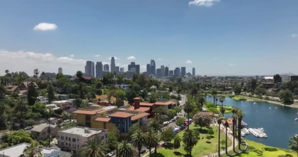Echo Park Los Angeles Downtown Fly Drone Top Aerial View — Stock Video