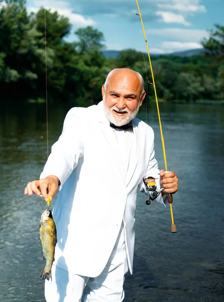 Fisherman Caught Trout Fish Portrait Cheerful Senior Man Fishing Grandfather — Stock Photo, Image