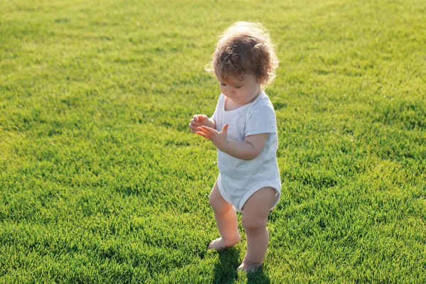 小婴儿在草地上学着爬楼梯 怀孕几个月了 快乐的孩子在绿草场玩耍 — 图库照片