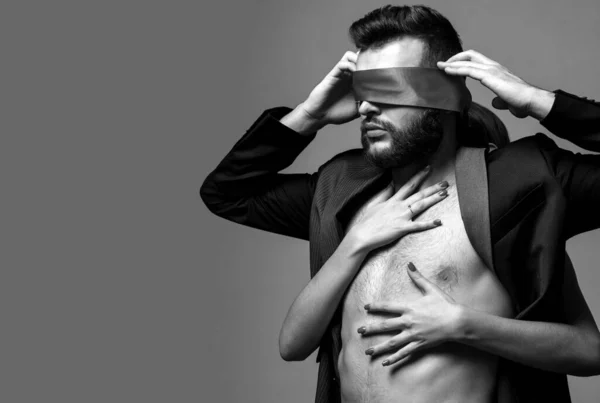Macho Well Groomed Hipster Nude Torso Tied Eyes Red Ribbon — Stock Photo, Image