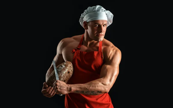 Sexy Man Bread Whole Grain Bread Chef Holding Gold Knife — ストック写真