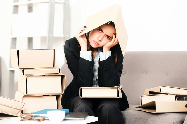 Tristeza Mujer Negocios Deprimida Chica Secretaria Frustración Empleado Estresado Trabajando — Foto de Stock