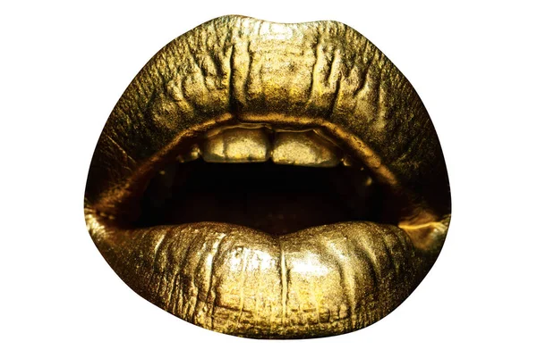 Sensuella Gyllene Läppar Kvinnors Guldläpp Kvinnlig Mun Nära Håll Med — Stockfoto