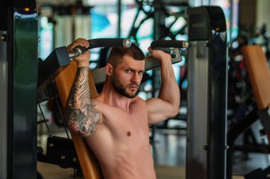 Muscular man workout in the gym. Athletic man having weight training in gym. Handsome man with strong muscles workout in the gym. Portrait of sexy muscular male with dumbbells. Bodybuilder exercise