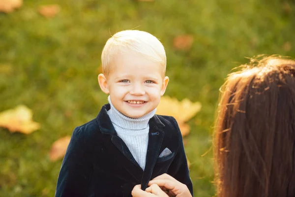 Cute Little Smiling Happy Boy Suit Portrait Kid Outdoors Close — Stock Photo, Image