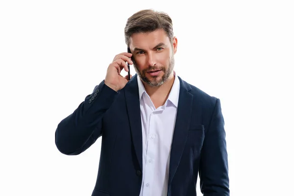 Bonito Homem Negócios Terno Usando Telefone Celular Fundo Estúdio Isolado — Fotografia de Stock