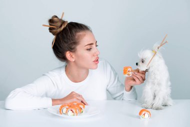 Japon suşi tarzı. Suşi yiyen güzel bir kızın moda portresi, Japon yemekleri. Yemek çubuklarını suşiyle tutan güzel bir kadın. Evcil köpek reklamlı seksi bayan.