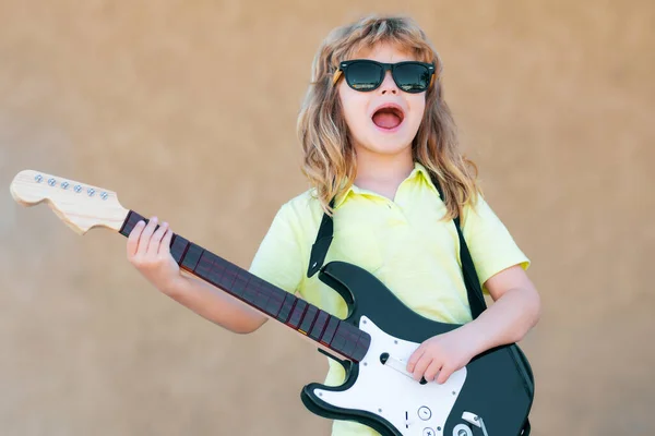 Kid Guitar Funny Little Hipster Musician Child Playing Guitar — Stock Photo, Image