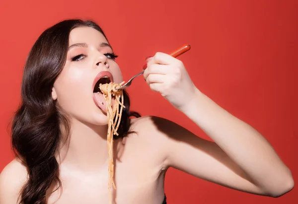 Bolognese Pasta Sexy Woman Eating Italian Meal Spaghetti Healthy Menu — Stock Photo, Image
