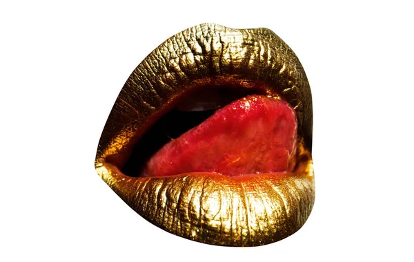 Lábios Femininos Sexy Ouro Lábios Bonitos Boca Mulher Dourada Beleza — Fotografia de Stock