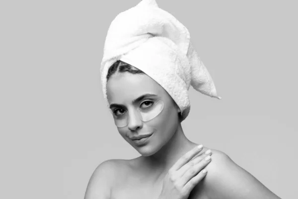 Sensual Woman Applying Eye Patches Close Portrait Girl Towel Head — Stock Photo, Image