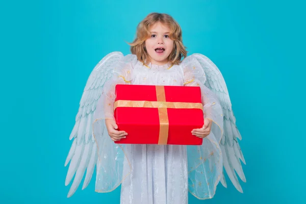 Pequeno Anjo Com Presente Caixa Presente Criança Anjo Bonito Retrato — Fotografia de Stock