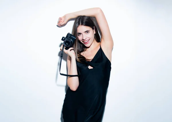 Fashion Look Best Cool Jonge Vrouw Model Met Filmcamera Witte — Stockfoto