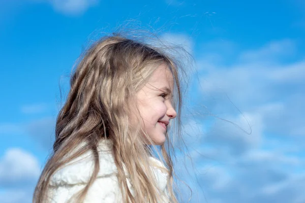 青い空のかわいい女の子の肖像画 屋外の子供の肖像画 夏の公園で屋外で遊ぶクローズアップ顔の子供 — ストック写真
