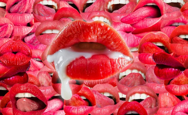 ミルクとクリーミーな口 官能的な唇で創造的なアートデザイン 抽象的なリップアートワーク 女性の口のテクスチャパターン 赤い唇 — ストック写真