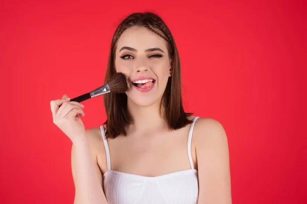 Beauty Girl Makeup Brushes Make Woman Girl Makeup Brushes Face — Fotografia de Stock