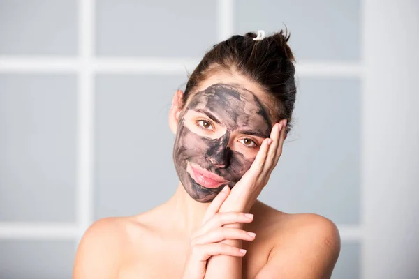 Facial Charcoal Mask Cosmetics Cosmetology Dermatology Woman Face Black Clay — 스톡 사진