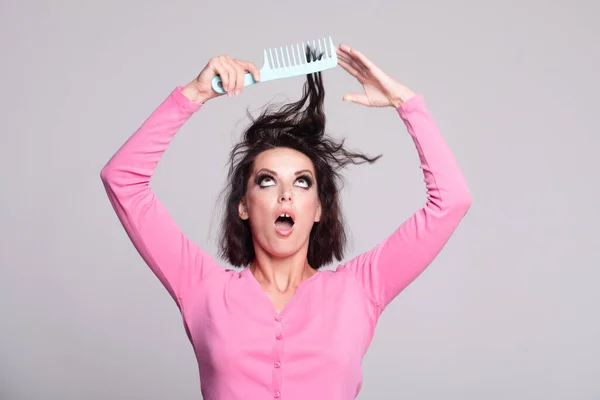 Smutná Holka Poškozenými Vlasy Problém Péčí Vlasy Žena Ztrátou Vlasů — Stock fotografie