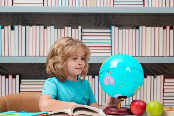 School Boy Looking Globe Library Geography Lesson School Child Student — ストック写真